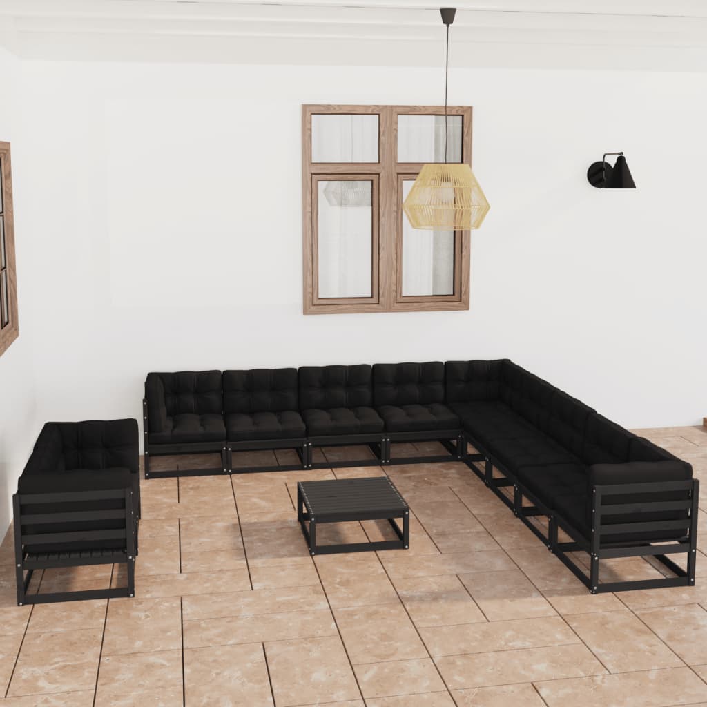 vidaXL 12 Piece Patio Lounge Set with Cushions Black Solid Pinewood
