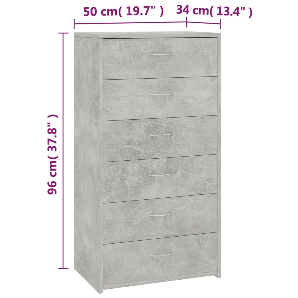 vidaXL Sideboard with 6 Drawers Concrete Gray 19.7"x13.4"x37.8" Engineered Wood