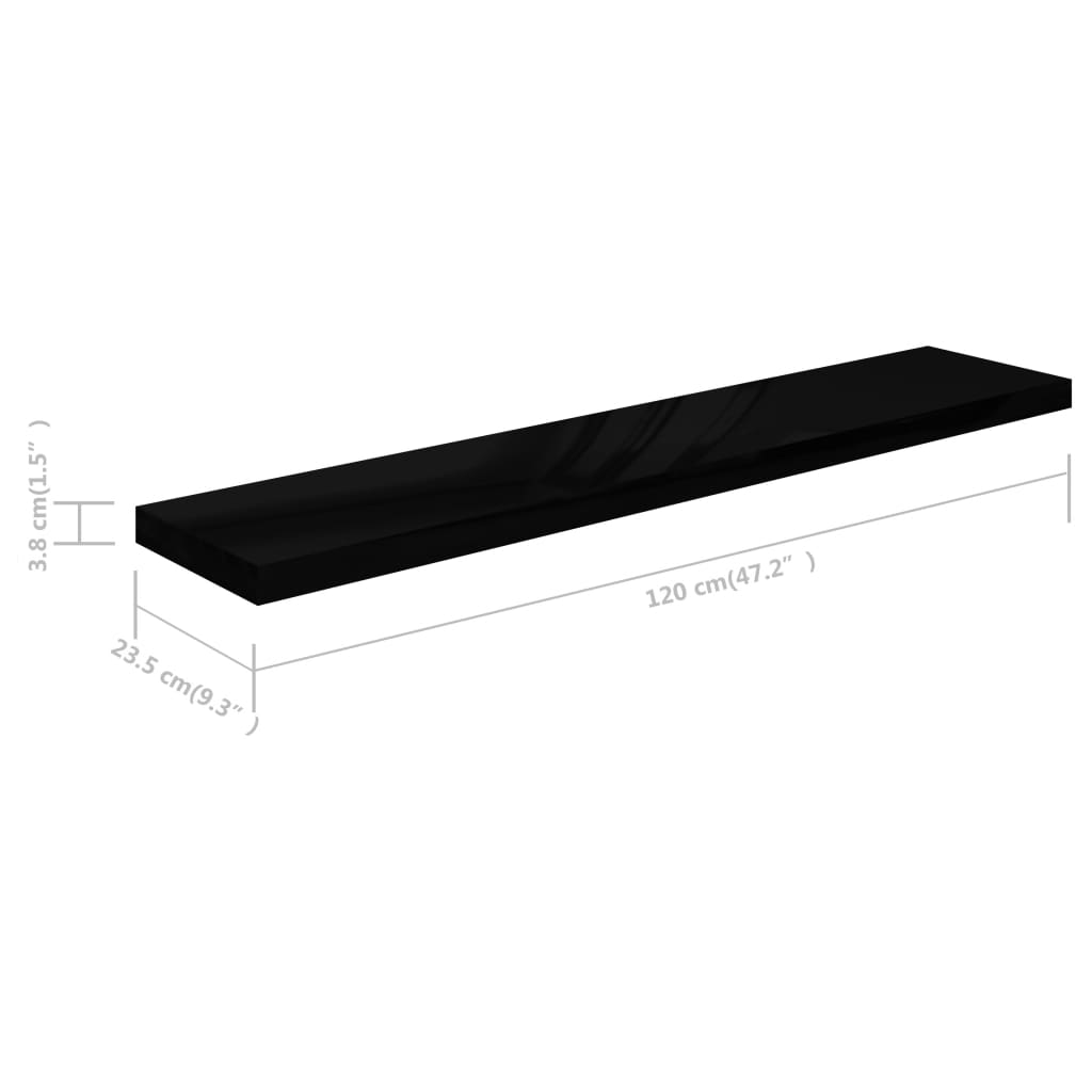 vidaXL Floating Wall Shelf High Gloss Black 47.2"x9.3"x1.5" MDF