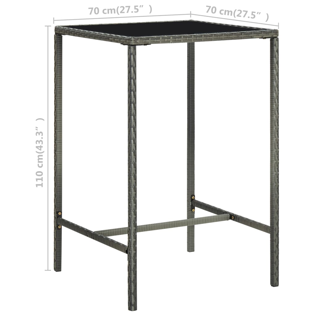 vidaXL Patio Bar Table Gray 27.6"x27.6"x43.3" Poly Rattan and Glass