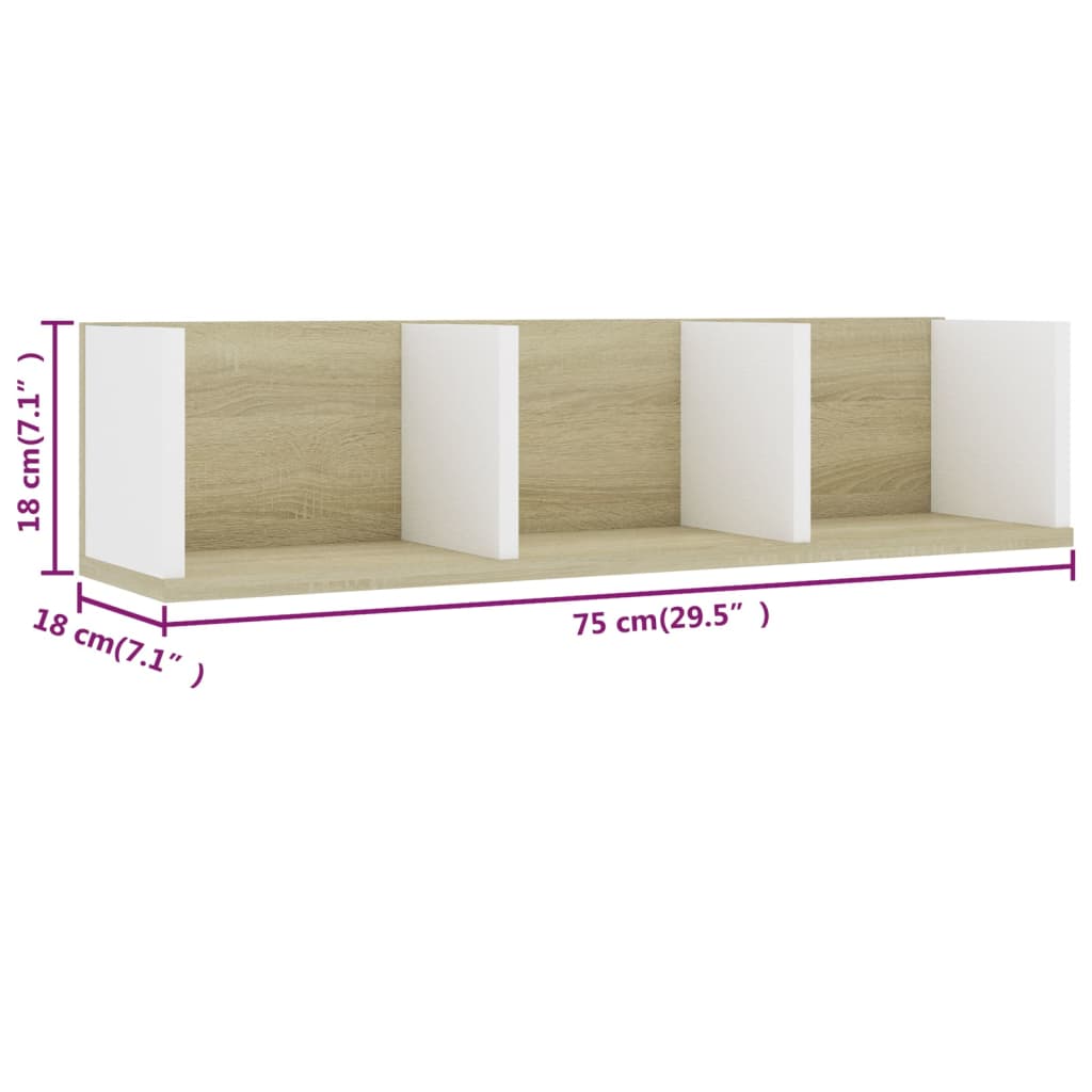 vidaXL CD Wall Shelf White and Sonoma Oak 29.5"x7.1"x7.1" Engineered Wood