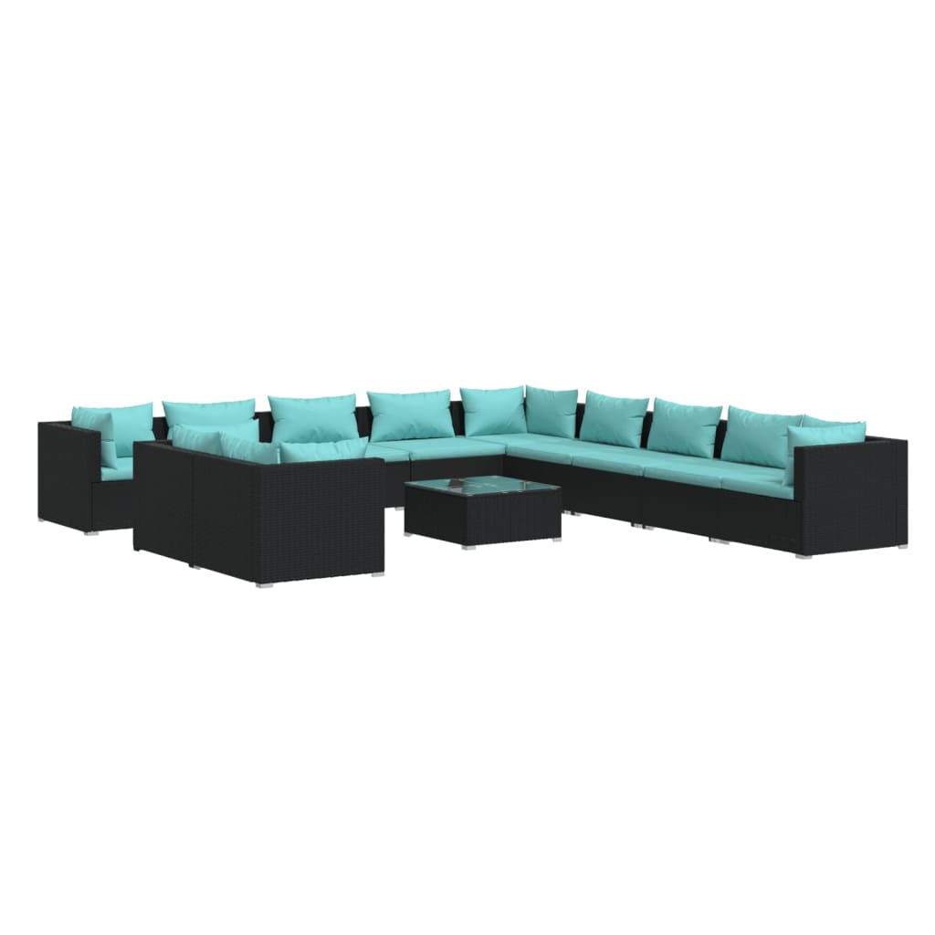 vidaXL 12 Piece Patio Lounge Set with Cushions Black Poly Rattan