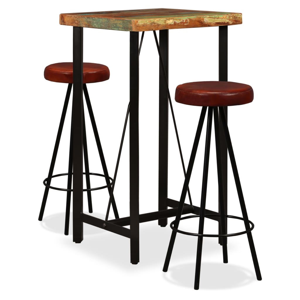 vidaXL Bar Set 3 Pieces Solid Reclaimed Wood and Genuine Leather