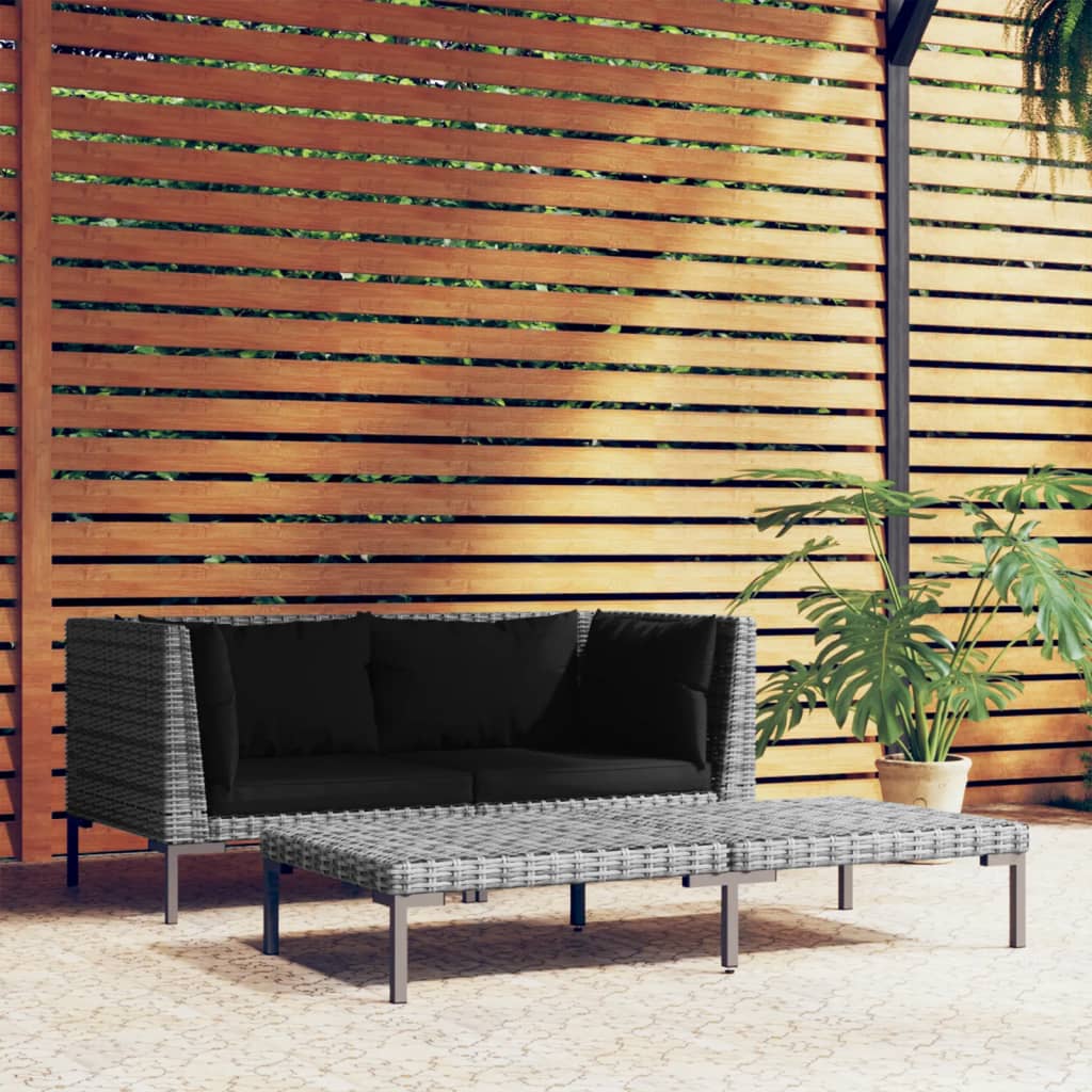 vidaXL 3 Piece Patio Lounge Set Dark Gray Half Round Poly Rattan