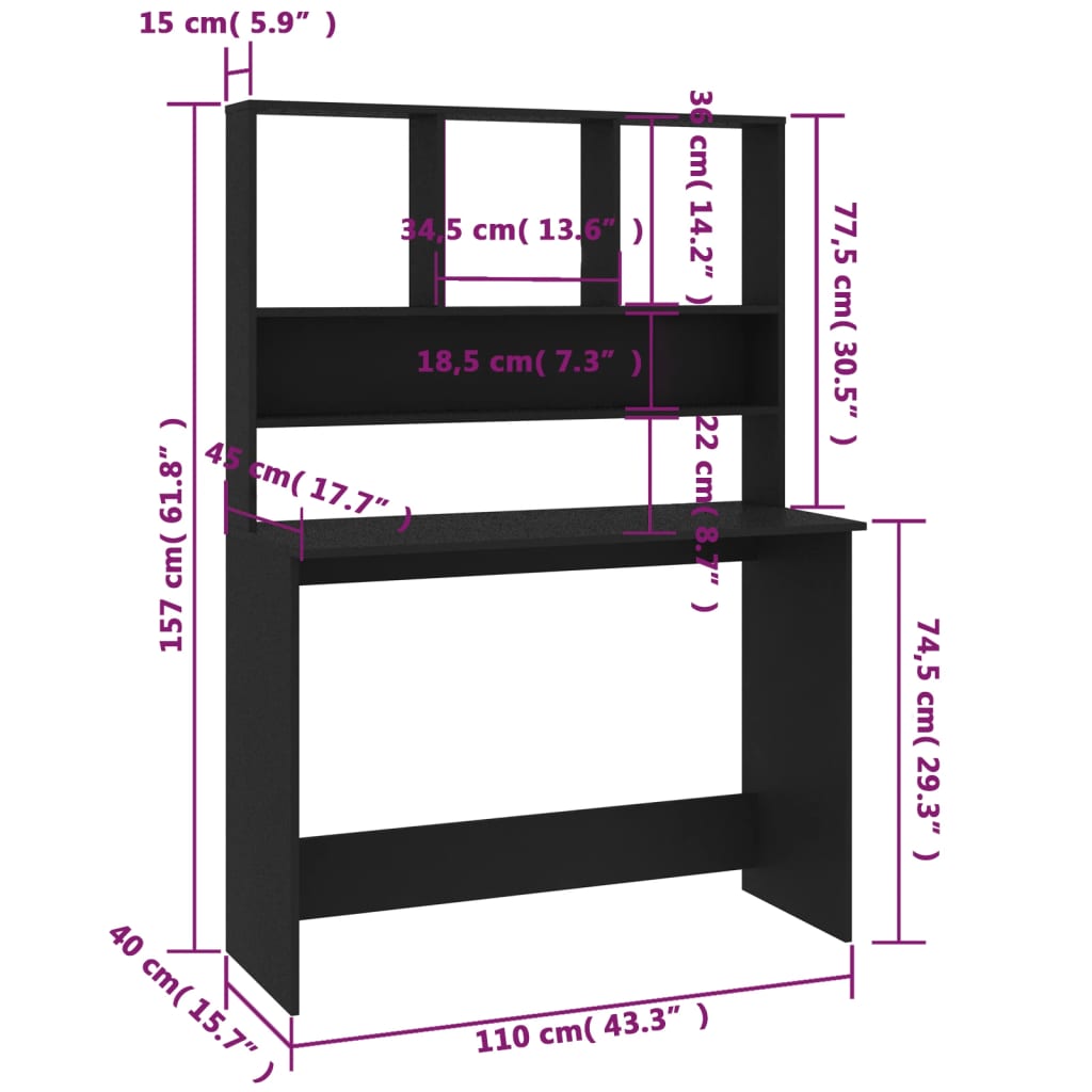 vidaXL Desk with Shelves Black 43.3"x17.7"x61.8" Engineered Wood