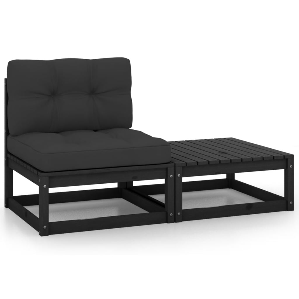 vidaXL 2 Piece Patio Lounge Set with Cushions Black Solid Pinewood