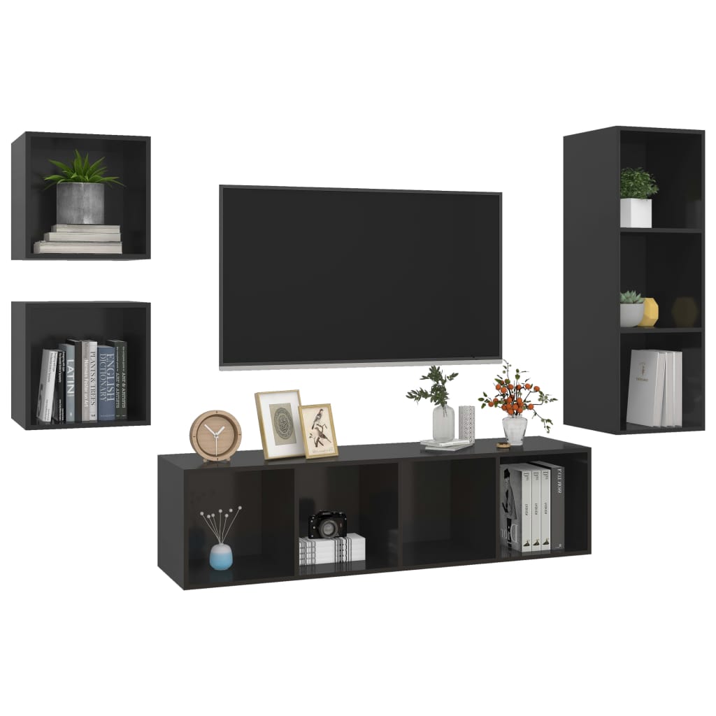 vidaXL 4 Piece TV Stand Set High Gloss Black Engineered Wood