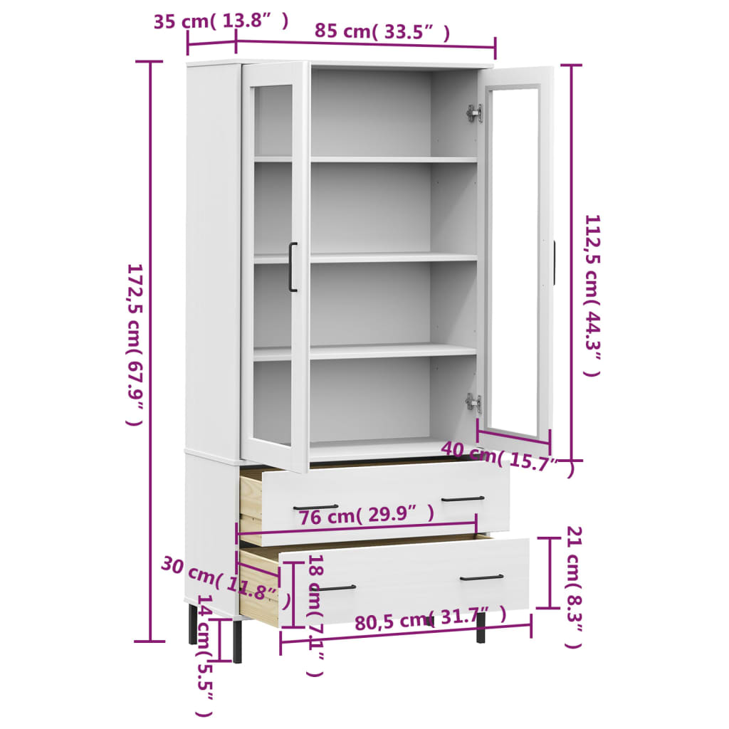 vidaXL Bookcase with Metal Legs White 33.5"x13.8"x67.9" Solid Wood OSLO