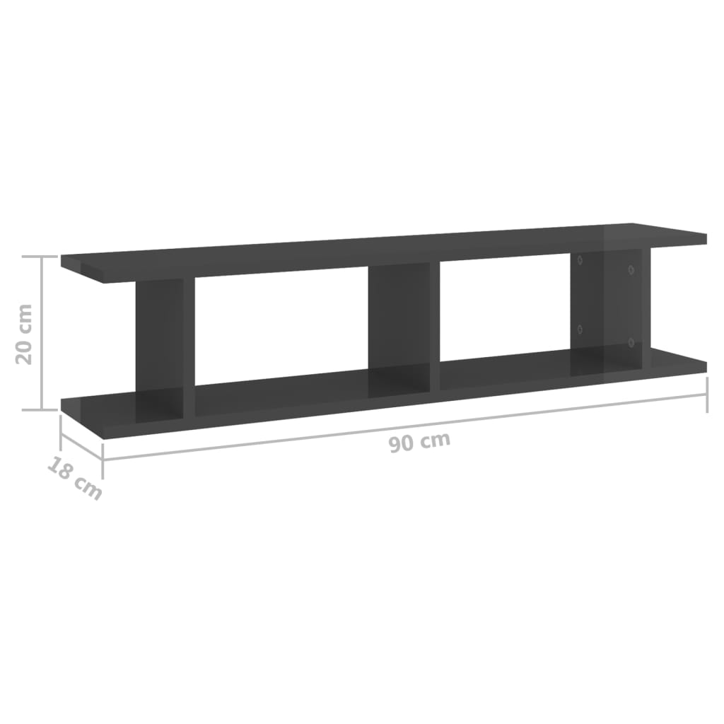vidaXL Wall Shelves 2 pcs High Gloss Gray 35.4"x7.1"x7.9" Engineered Wood
