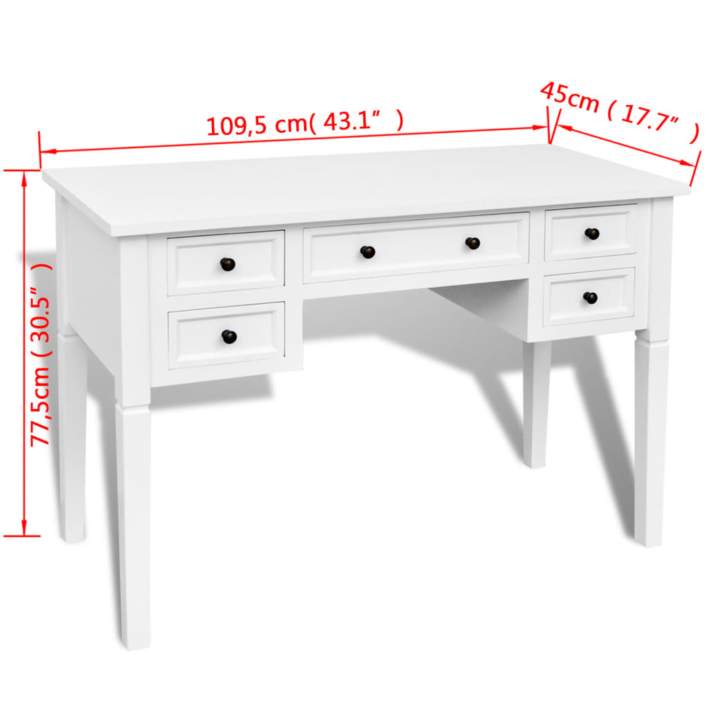 vidaXL White Writing Desk with 5 Drawers