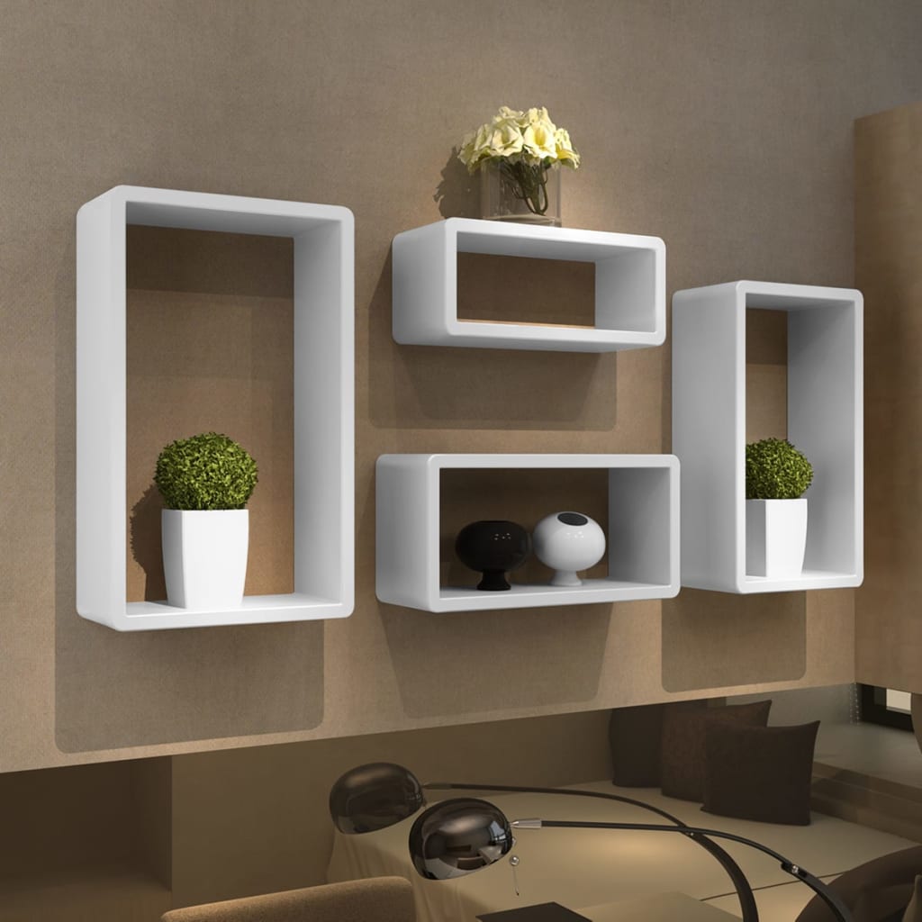 Four Piece Cuboid Shelf Set High Gloss White