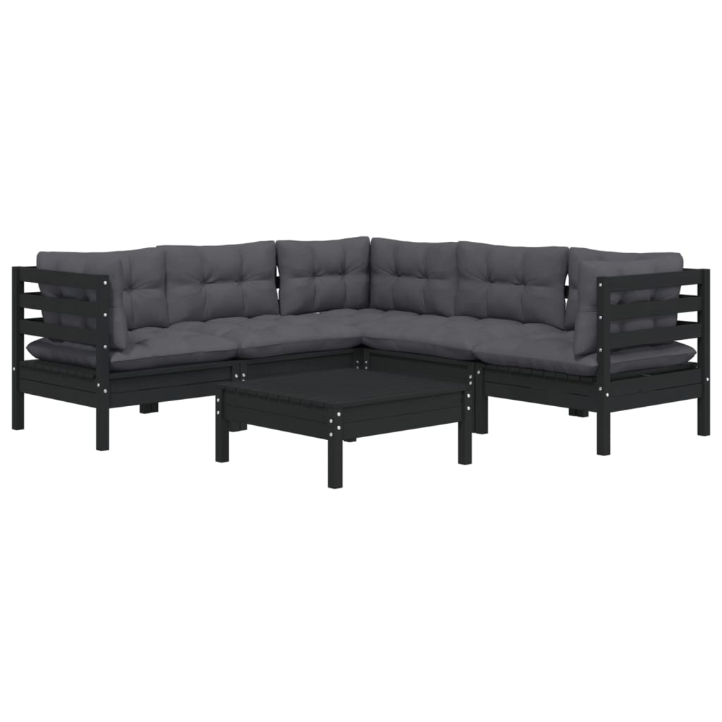 vidaXL 6 Piece Patio Lounge Set with Cushions Black Solid Pinewood