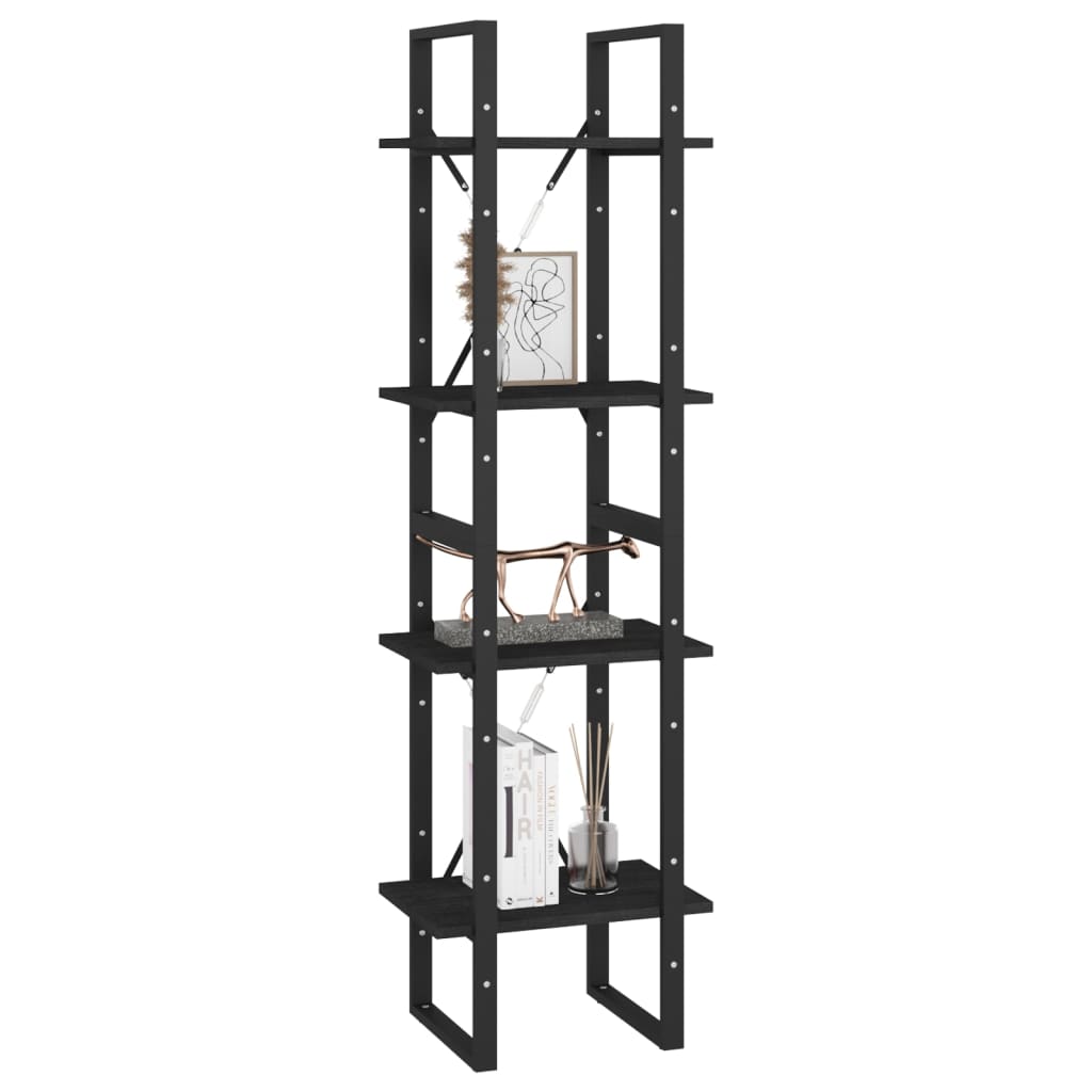 vidaXL 4-Tier Book Cabinet Black 15.7"x11.8"x55.1" Solid Pine Wood