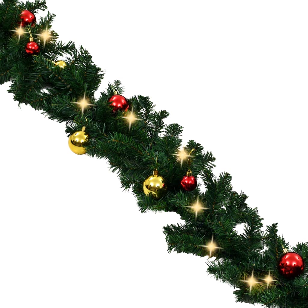 vidaXL Christmas Garland with Baubles and LED Lights Green 65.6' PVC