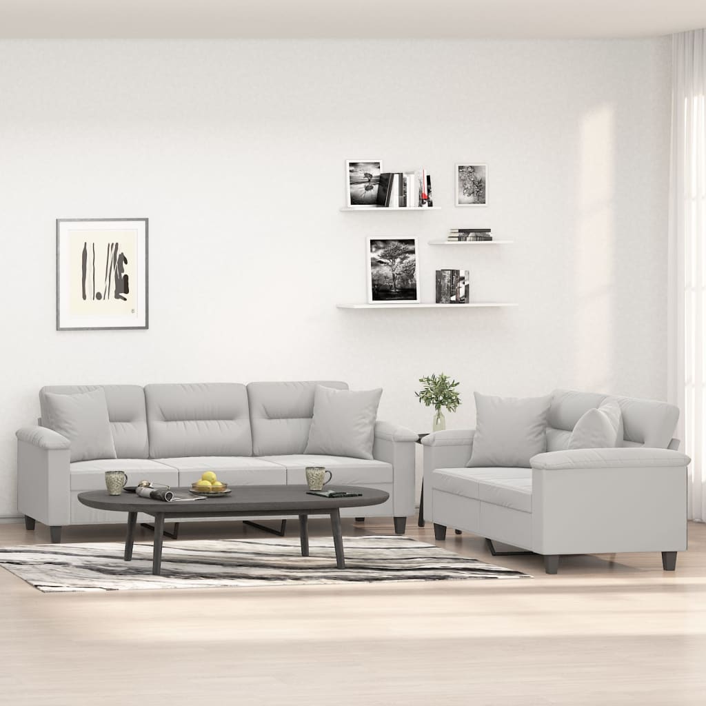 vidaXL 2 Piece Sofa Set with Pillows Light Gray Microfiber Fabric