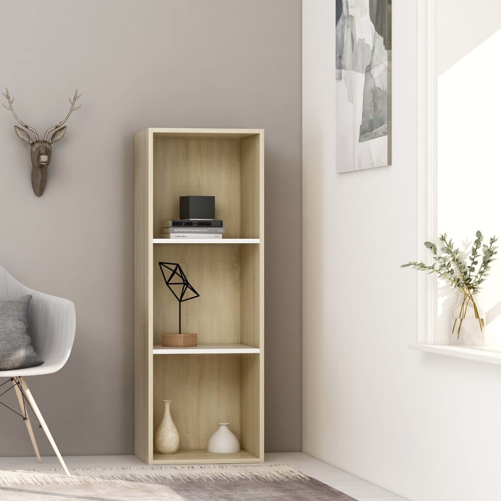 vidaXL 3-Tier Book Cabinet White and Sonoma Oak 15.7"x11.8"x44.9" Engineered Wood