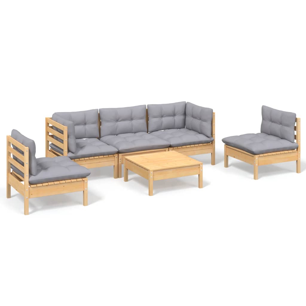 vidaXL 6 Piece Patio Lounge Set with Gray Cushions Solid Pinewood