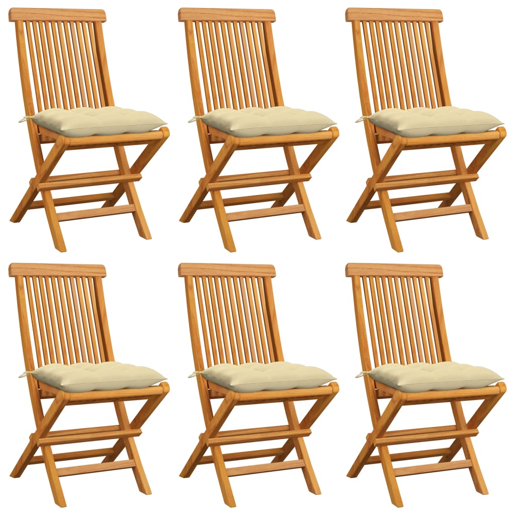 vidaXL Patio Chairs with Cream White Cushions 6 pcs Solid Teak Wood