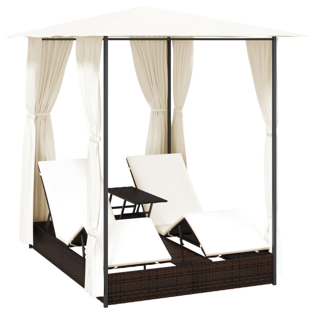 vidaXL Double Sun Lounger with Curtains Poly Rattan Brown