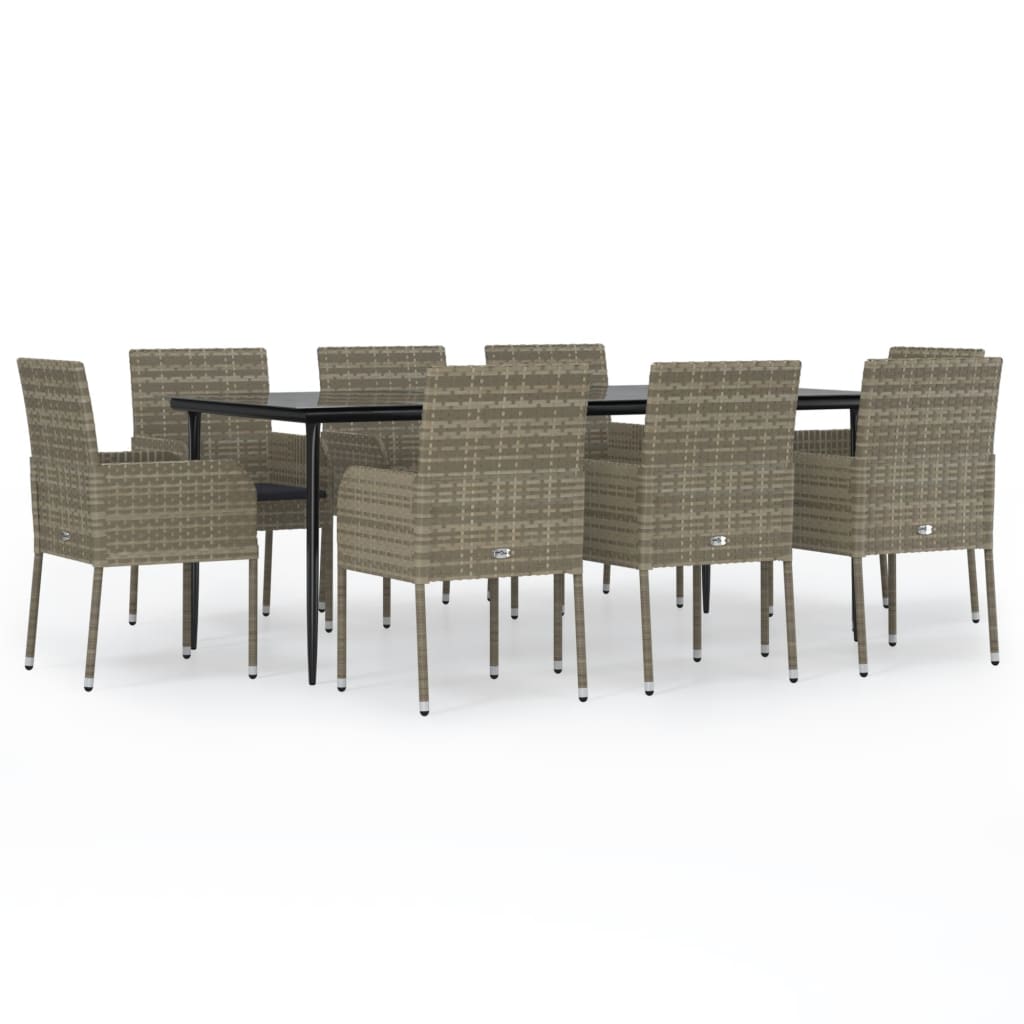 vidaXL 9 Piece Patio Dining Set with Cushions Black and Gray Poly Rattan