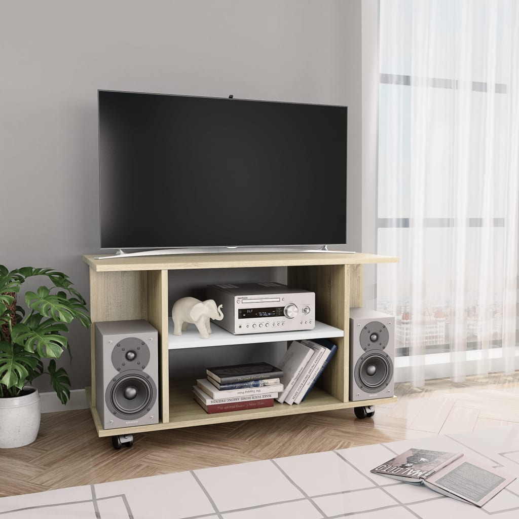 vidaXL TV Stand with Castors White and Sonoma Oak 31.5"x15.7"x17.7" Engineered Wood