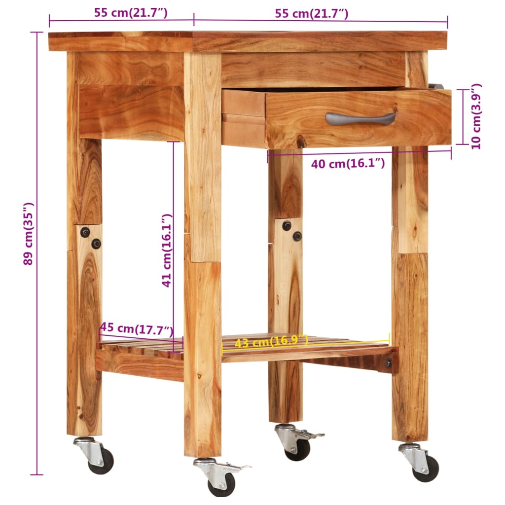 vidaXL Kitchen Trolley 21.7"x21.7"x35" Solid Wood Acacia