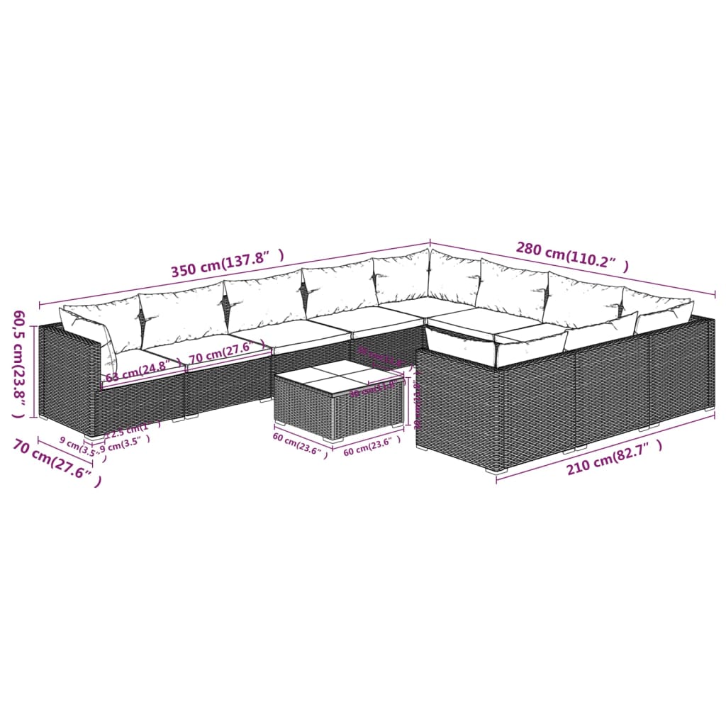 vidaXL 11 Piece Patio Lounge Set with Cushions Poly Rattan Brown