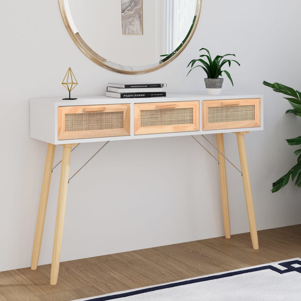 vidaXL Console Table White 41.3"x11.8"x29.5" Solid Wood Pine&Natural Rattan