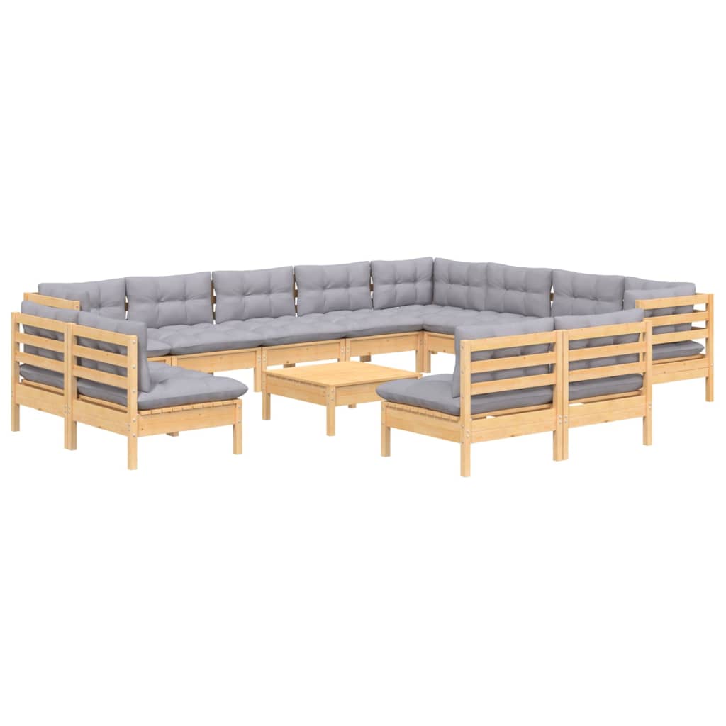 vidaXL 13 Piece Patio Lounge Set with Gray Cushions Solid Pinewood