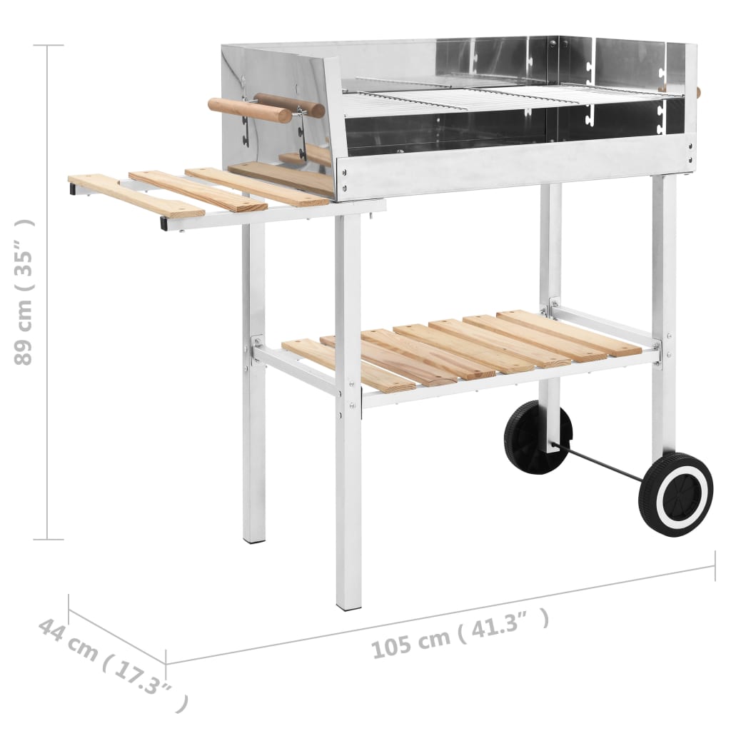 vidaXL XXL Trolley Charcoal BBQ Grill Stainless Steel with 2 Shelves
