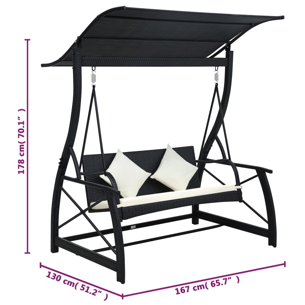 vidaXL 3-Seater Garden Swing Bench with Canopy Poly Rattan Black