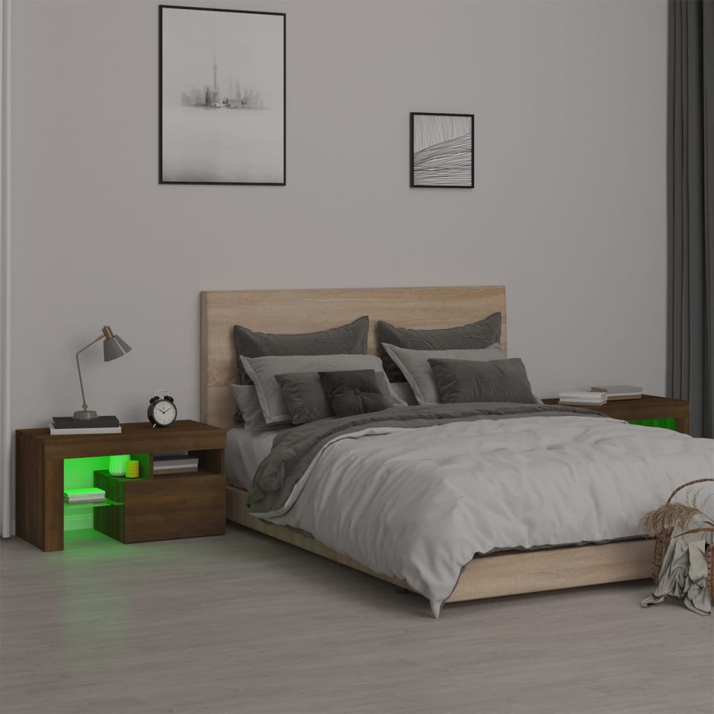 vidaXL Bedside Cabinets 2 pcs with LED Lights Brown Oak 27.6"x14.4"x15.7"