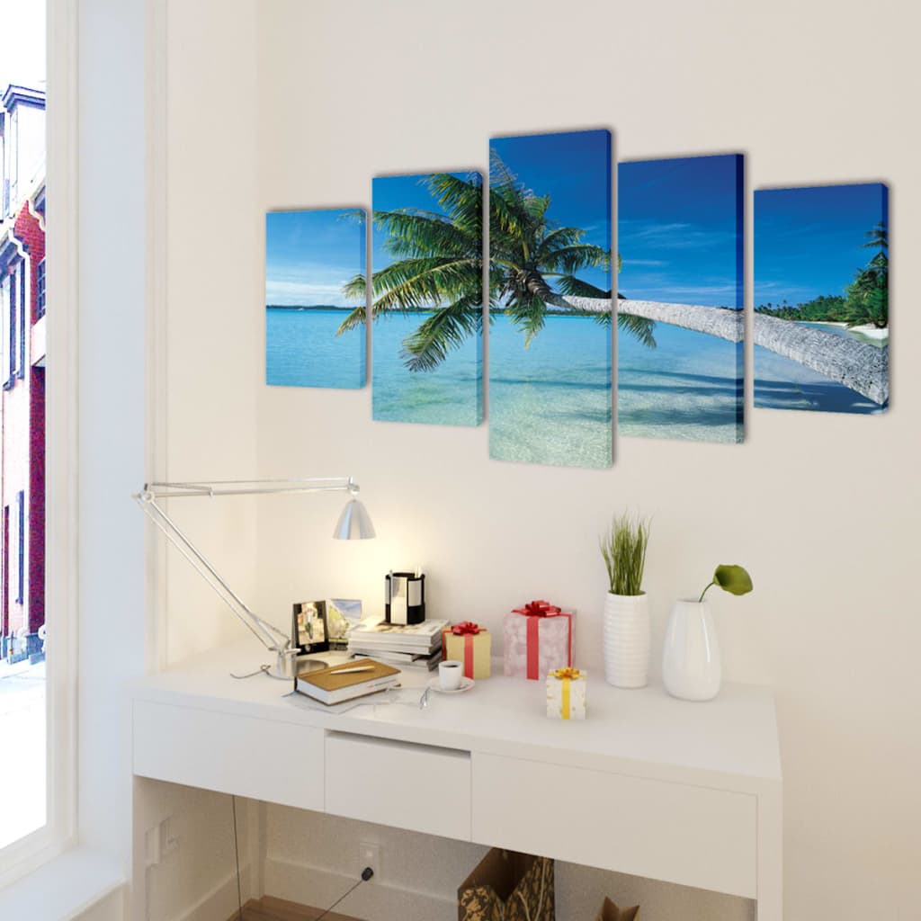 Canvas Wall Print Set Sand Beach with Palm Tree 79" x 39"