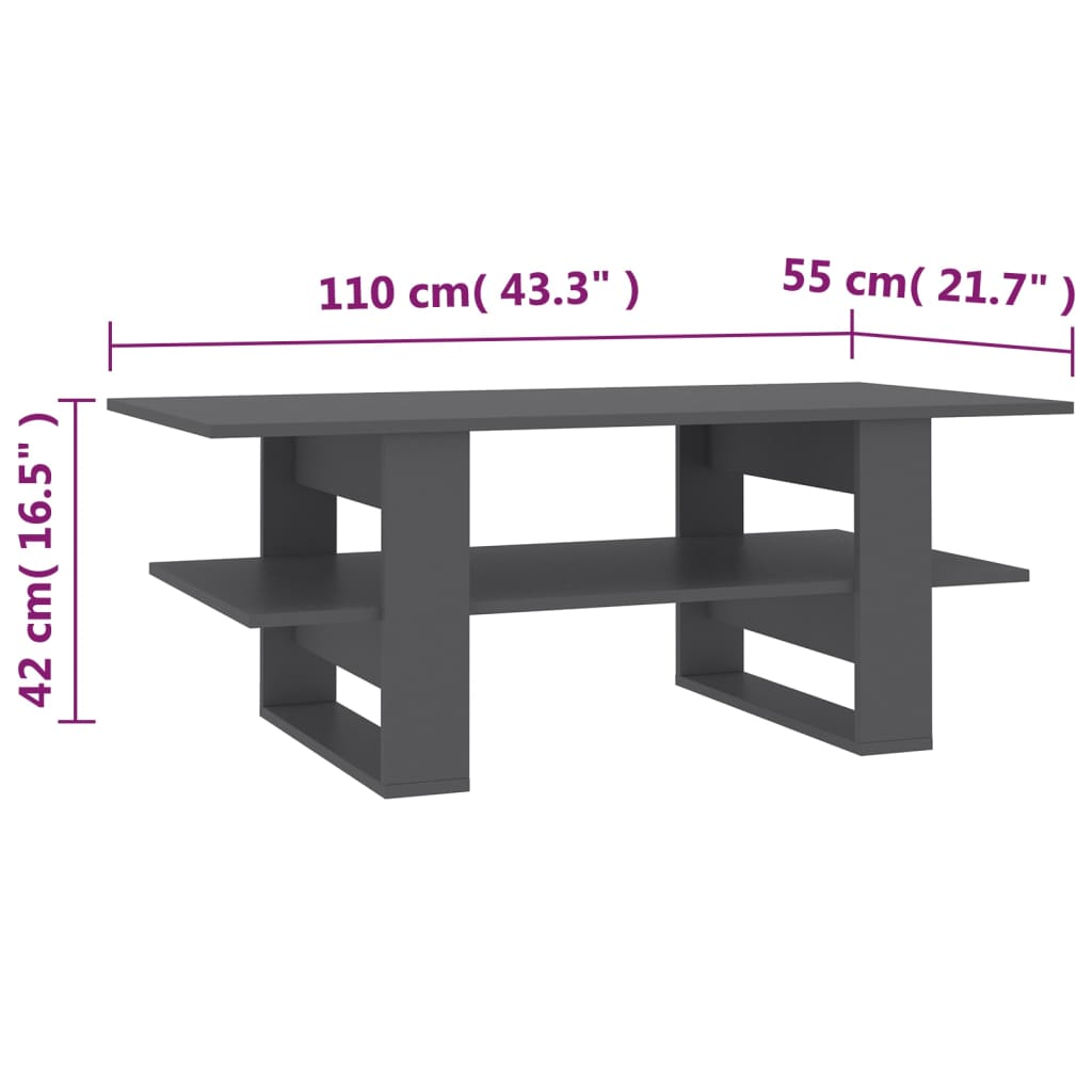 vidaXL Coffee Table Gray 43.3"x21.7"x16.5" Engineered Wood