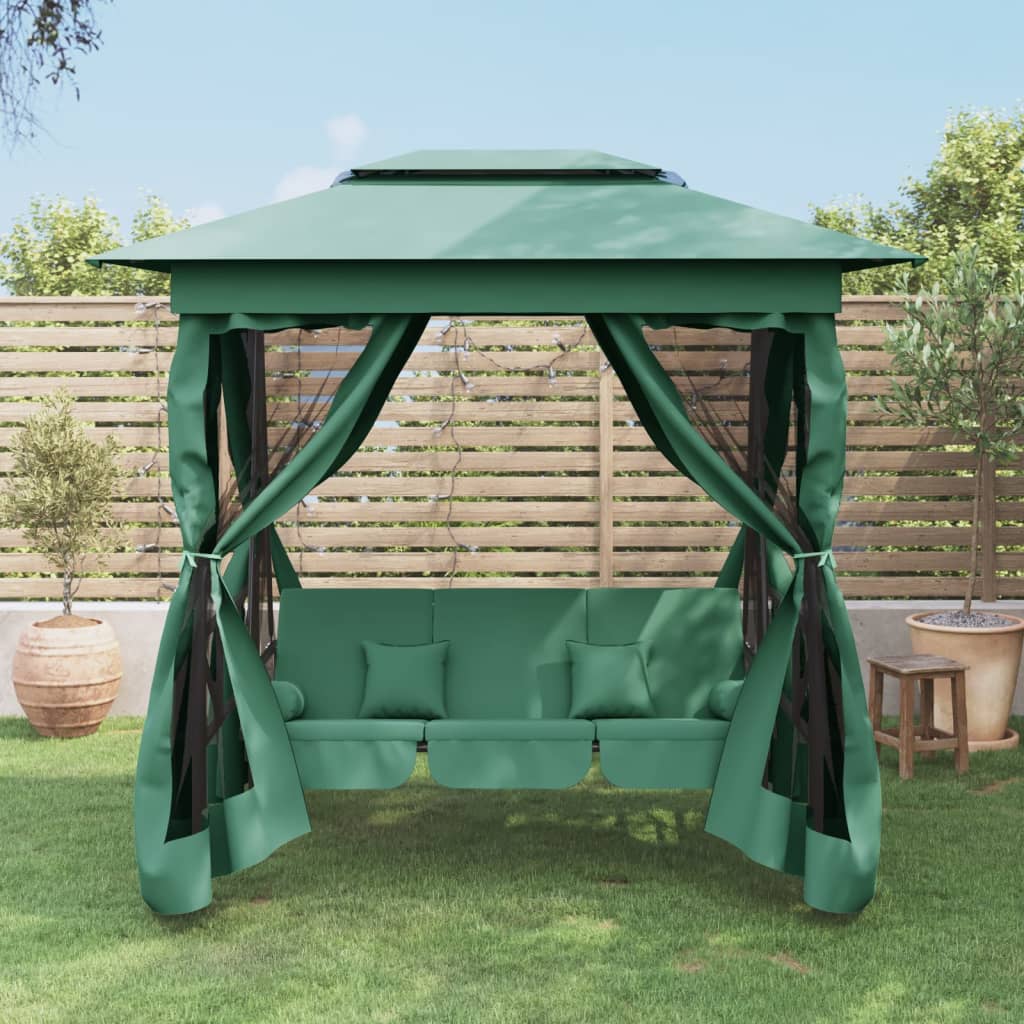 vidaXL Garden Gazebo with Convertible Swing Bench Green Fabric&Steel