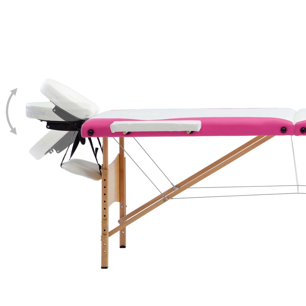 vidaXL Foldable Massage Table 3 Zones Wood White and Pink