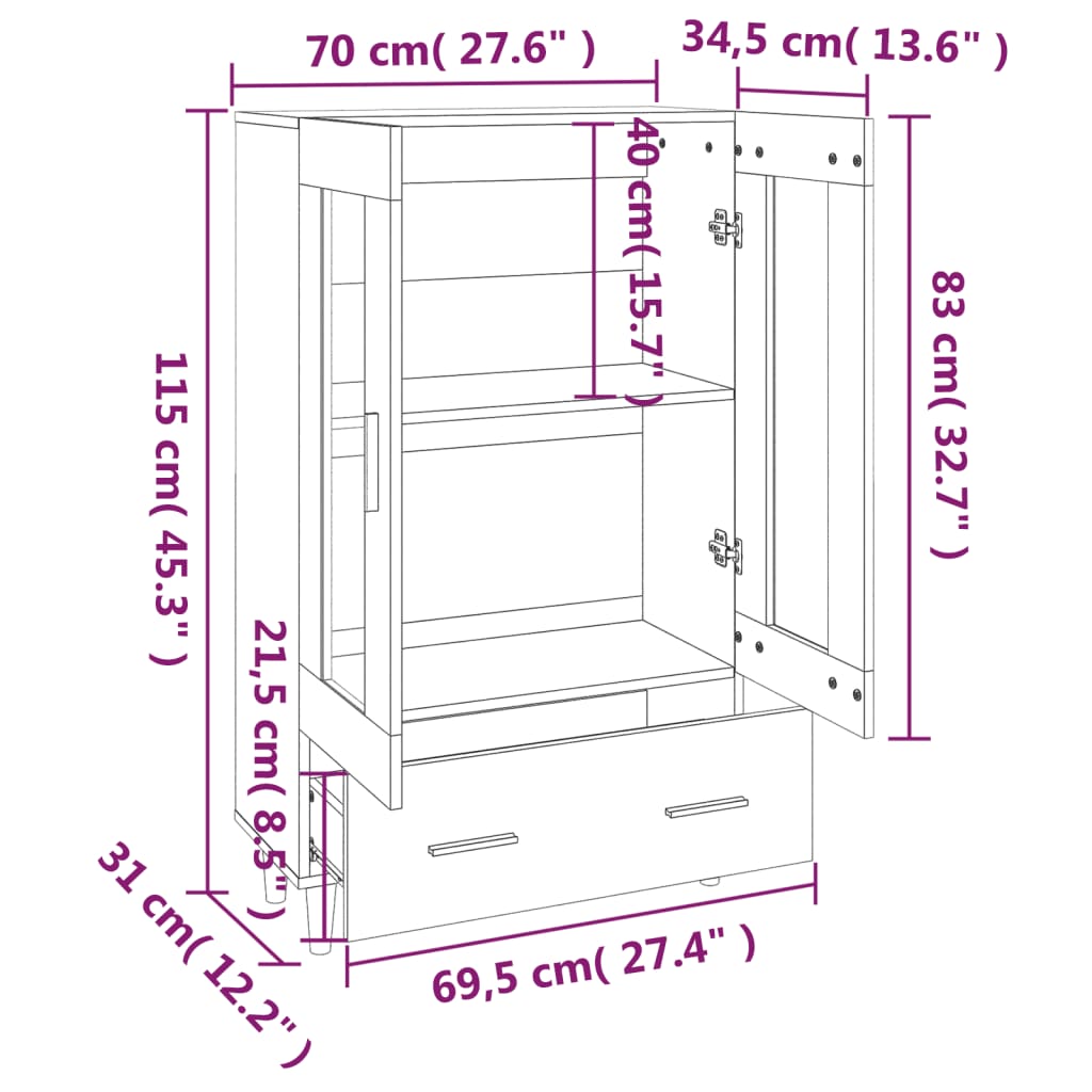 vidaXL Highboard Sonoma Oak 27.6"x12.2"x45.3" Engineered Wood