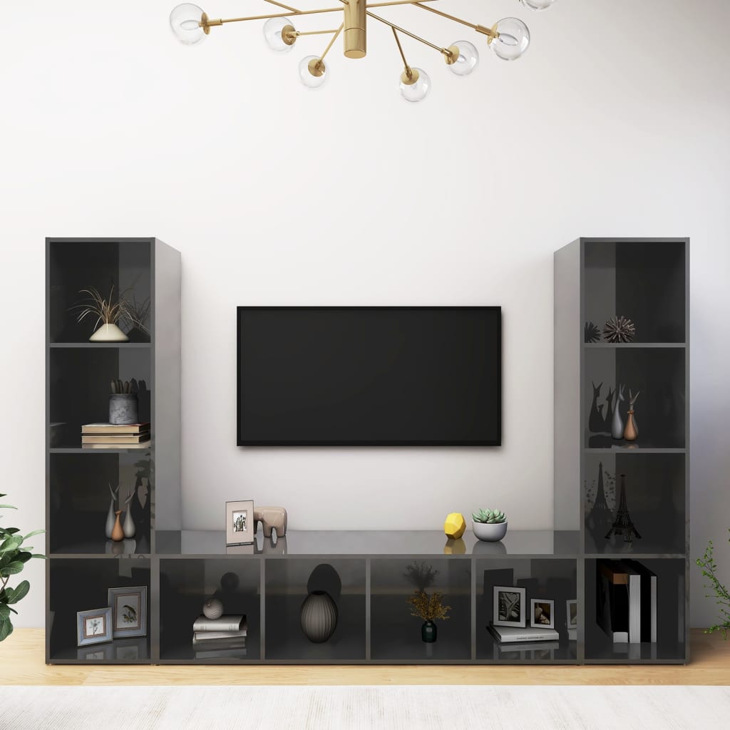 vidaXL TV Stands 3 Pcs High Gloss Gray 56.1"x13.8"x14.4" Engineered Wood