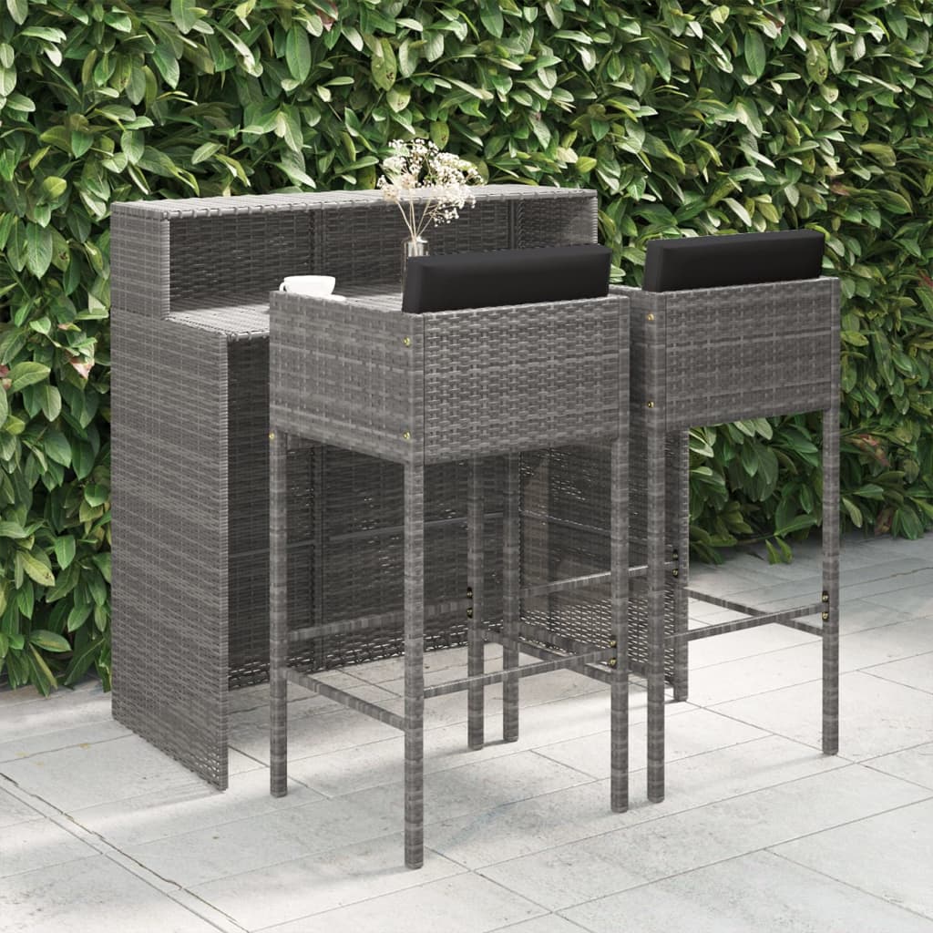 vidaXL 3 Piece Patio Bar Set with Cushions Poly Rattan Gray