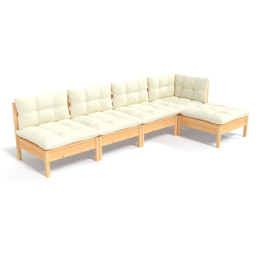 vidaXL 5 Piece Patio Lounge Set with Cream Cushions Pinewood