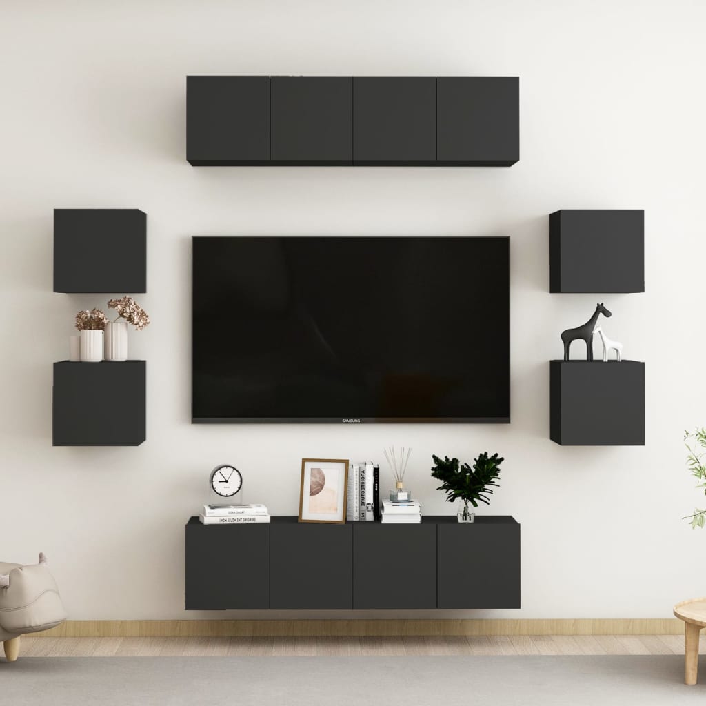 vidaXL 8 Piece TV Stand Set Black Engineered Wood