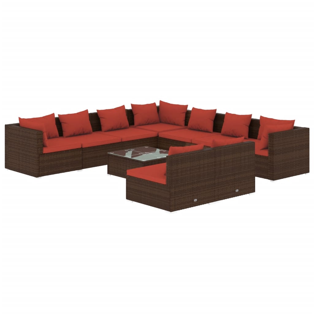 vidaXL 10 Piece Patio Lounge Set with Cushions Brown Poly Rattan