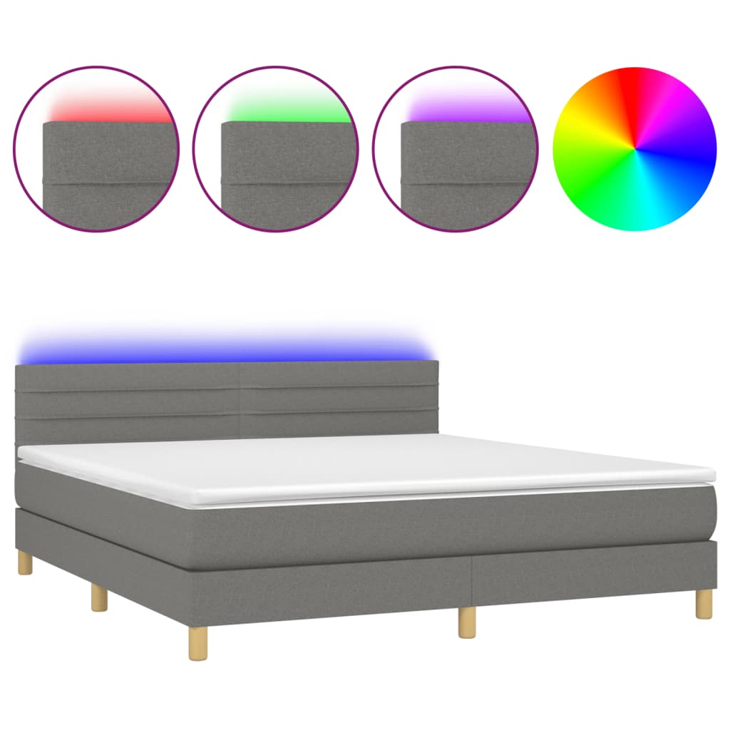 vidaXL Box Spring Bed with Mattress&LED Dark Gray King Fabric