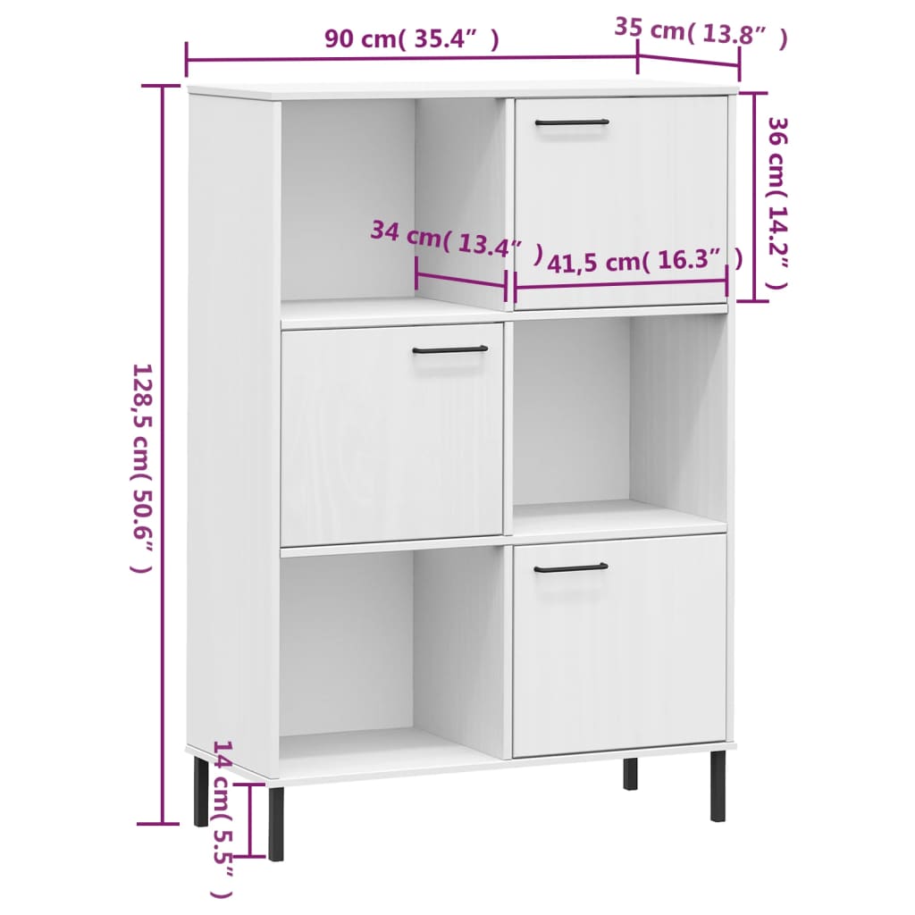 vidaXL Bookcase with Metal Legs White 35.4"x13.8"x50.6" Solid Wood OSLO