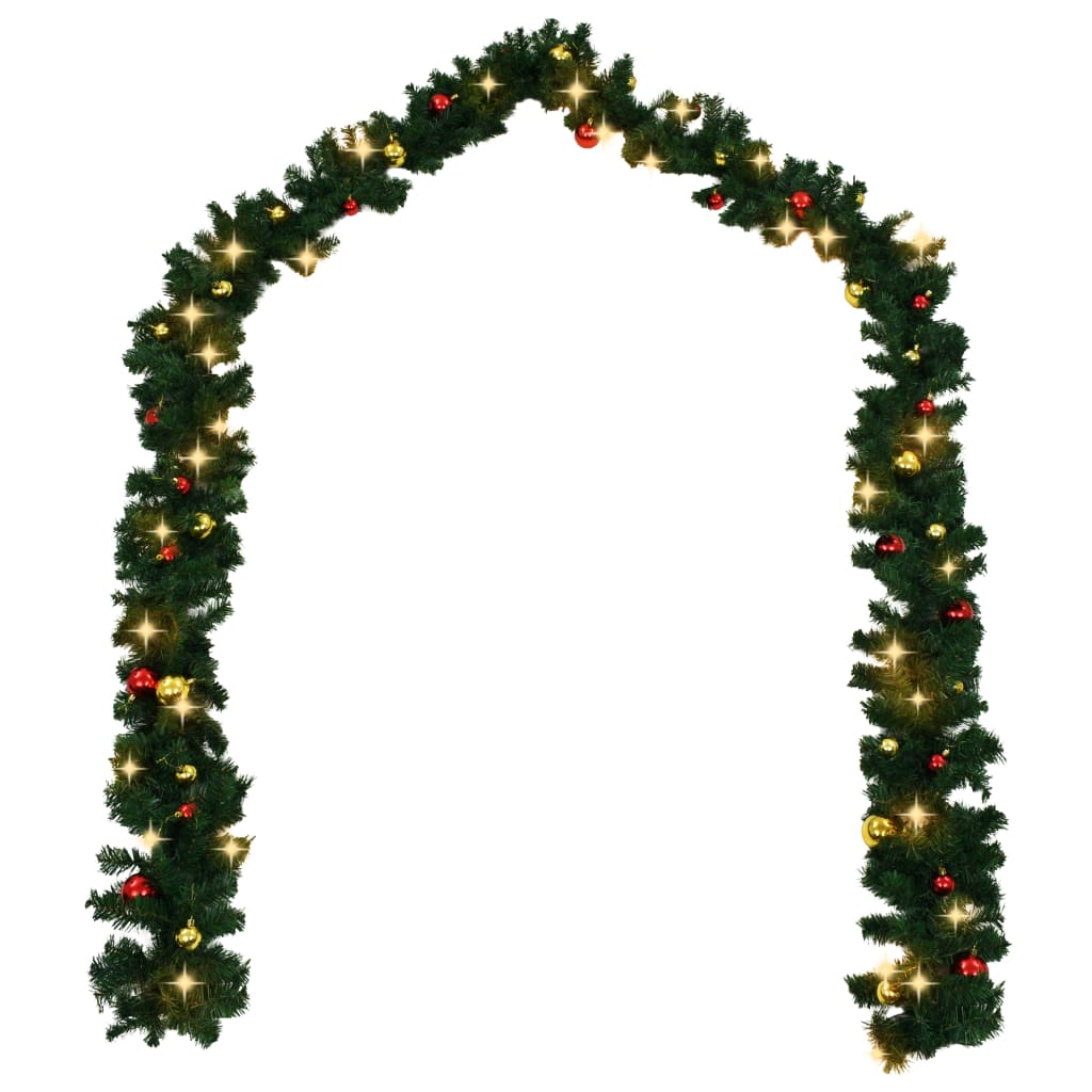 vidaXL Christmas Garland with Baubles and LED Lights Green 65.6' PVC