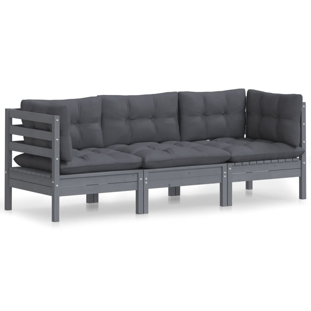 vidaXL 3-Seater Patio Sofa with Anthracite Cushions Solid Pinewood