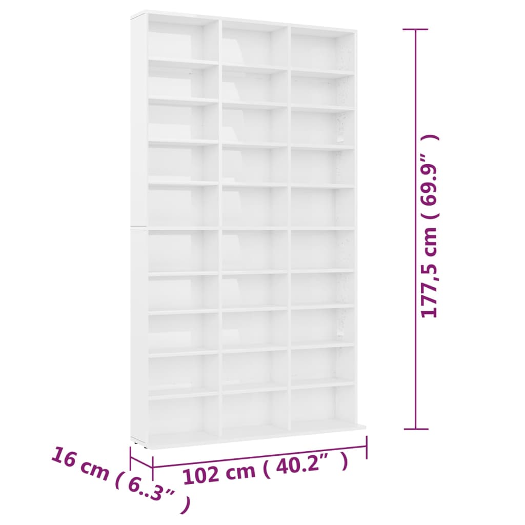 vidaXL CD Cabinet High Gloss White 40.2"x6.3"x69.9" Engineered Wood
