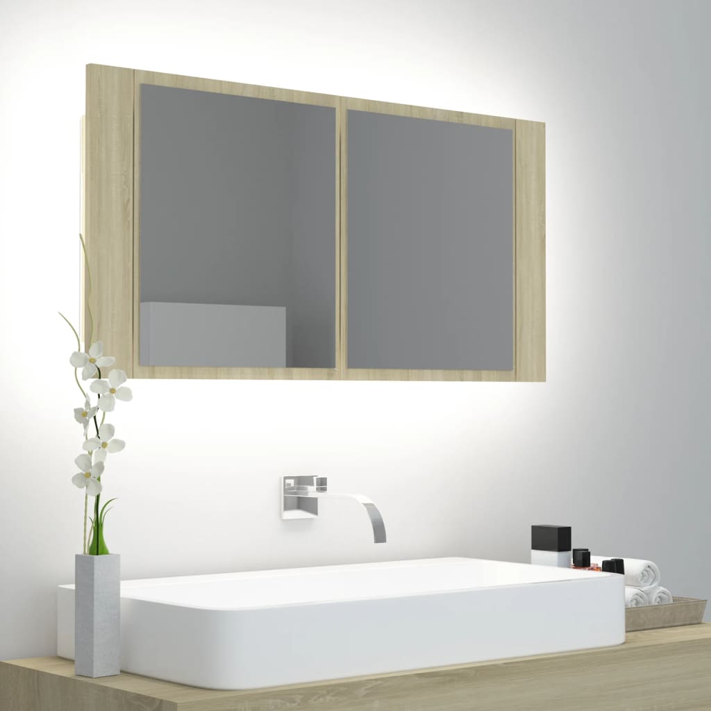 vidaXL LED Bathroom Mirror Cabinet Sonoma Oak 35.4"x4.7"x17.7" Acrylic