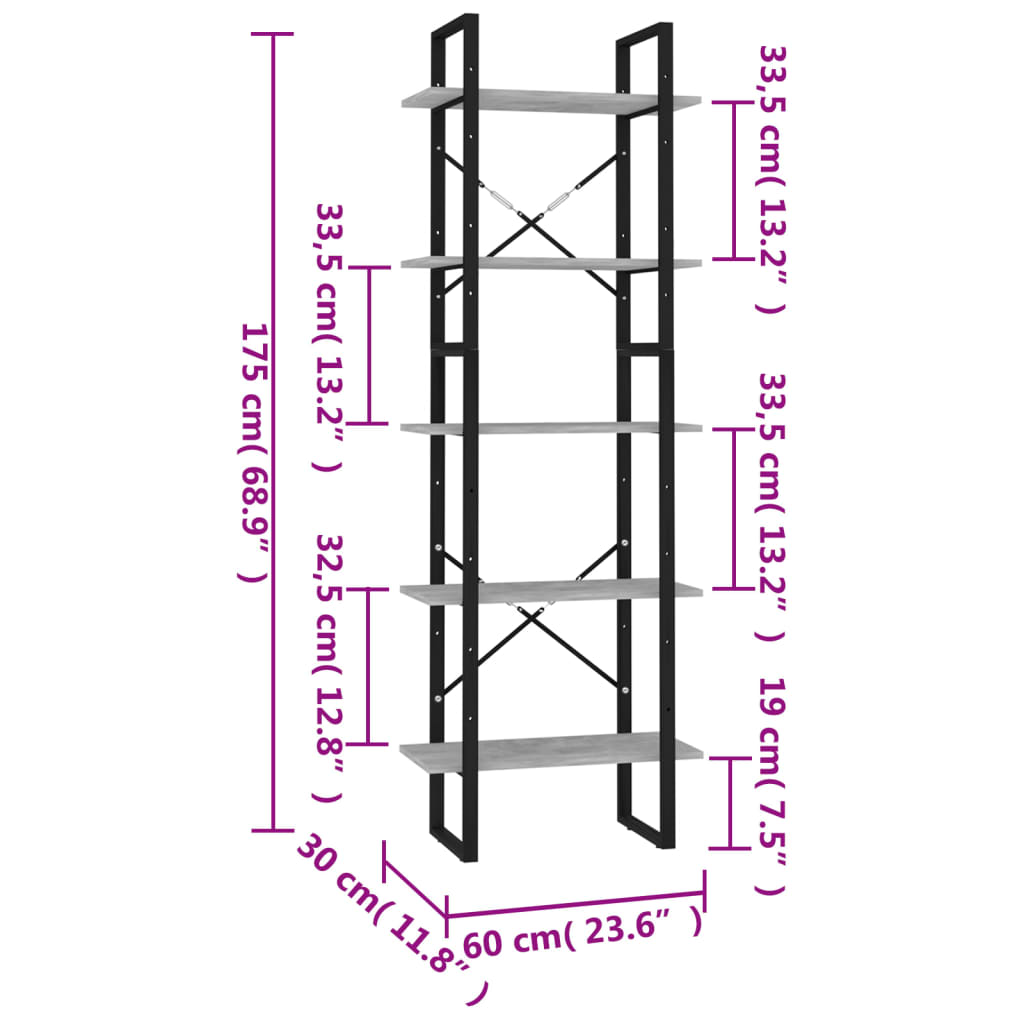 vidaXL 5-Tier Book Cabinet Concrete Gray 23.6"x11.8"x68.9" Engineered Wood