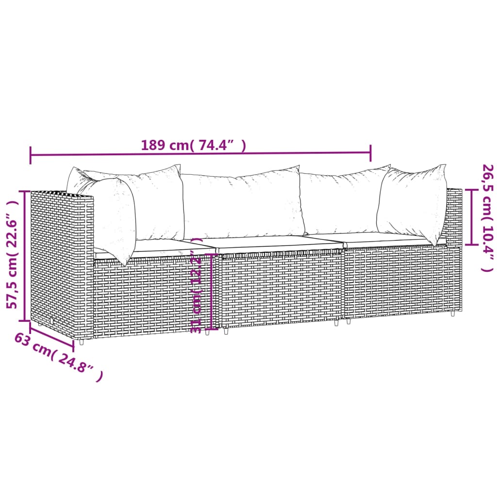 vidaXL 3 Piece Patio Lounge Set with Cushions Gray Poly Rattan
